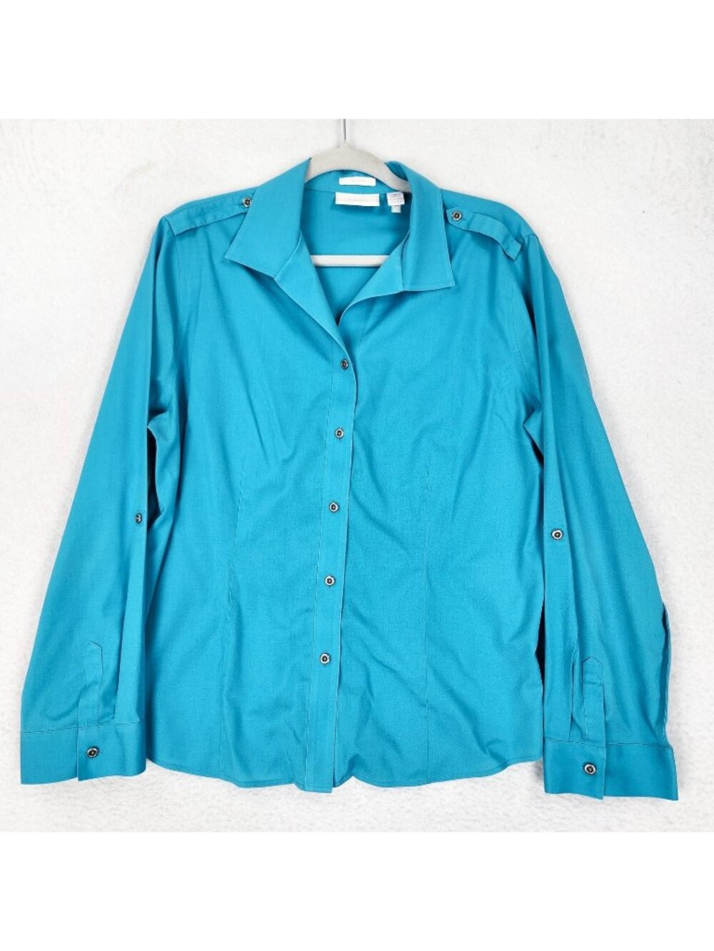 Chicos Shirt Womens 2 Blue 12 No Iron Button Front Roll Tab Sleeve Stretch Top